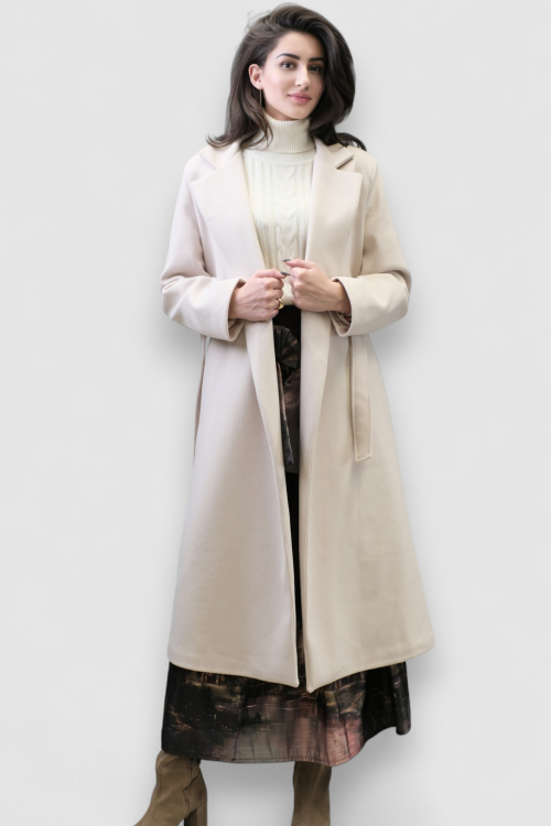 Ženski elegantni dugi bež kaput Fenton s remenom