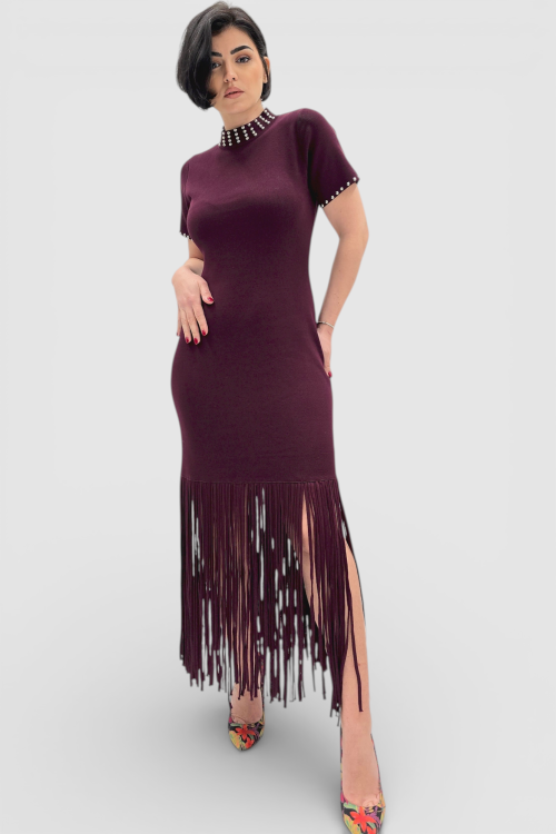 Elegantna bordo vintage boemske haljina Cornelia sa resama na rubovima i perlicama na dekolteu