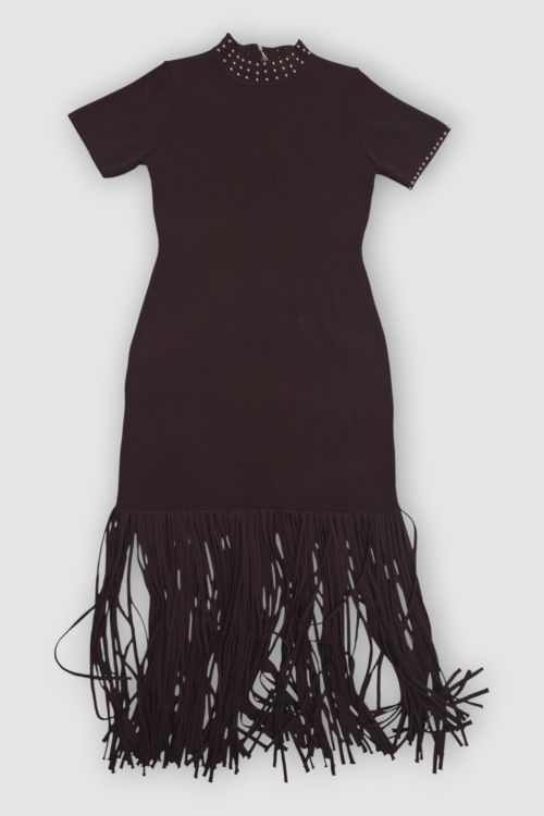 Elegantna smeđa vintage boemska haljina Cornelia sa resama na rubovima i perlicama na dekolteu