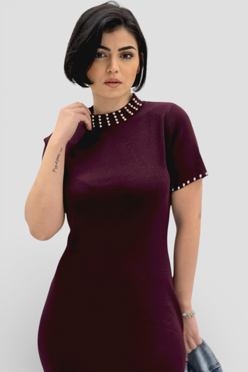 Elegantna bordo vintage boemske haljina Cornelia sa resama na rubovima i perlicama na dekolteu