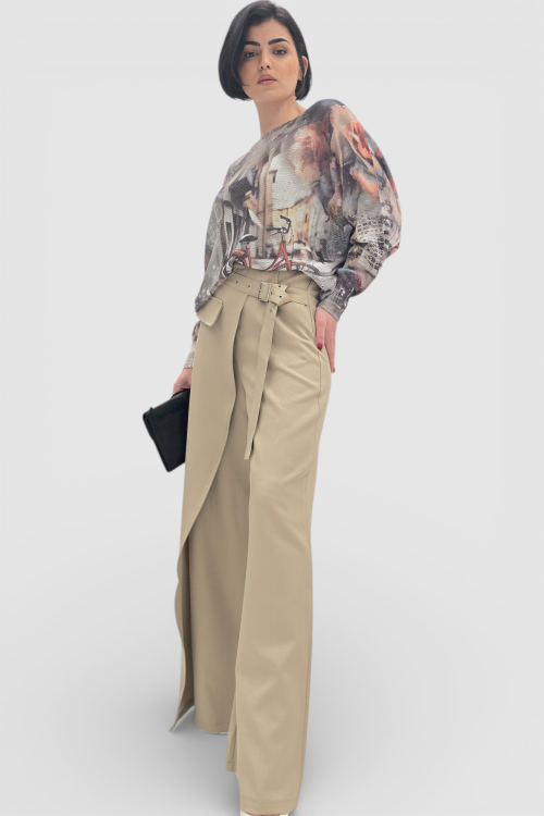 Bež široke hlače Ivanna s efektom preklopa na jednu nogavicu  i integriranim remenom