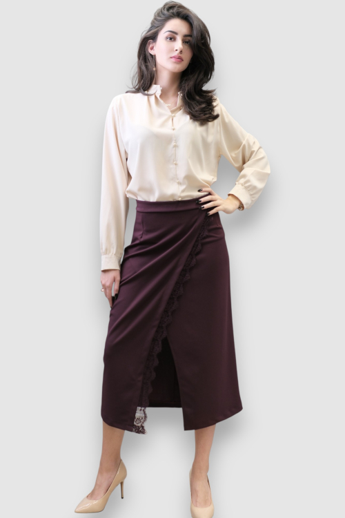 Ženska bordo suknja Izabella s prorezom i čipkom