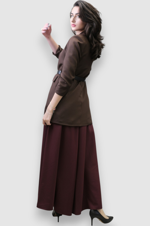 Tamno smeđi dugi ženski sako Casey s remenom