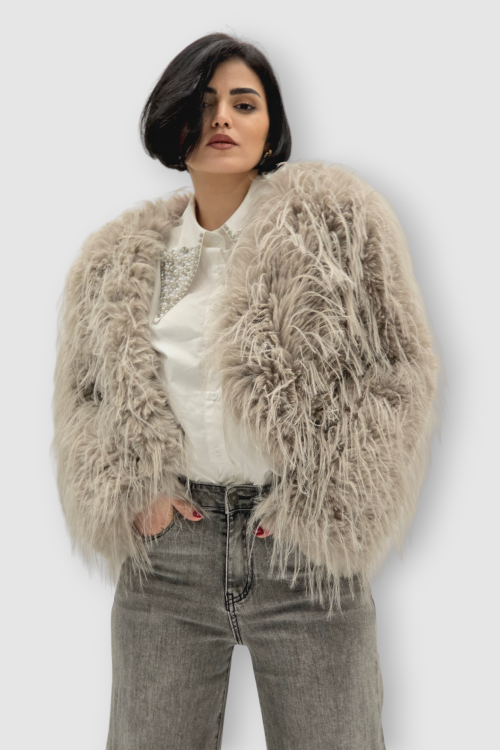 Ženska siva kratka čupava trendi jakna Edith