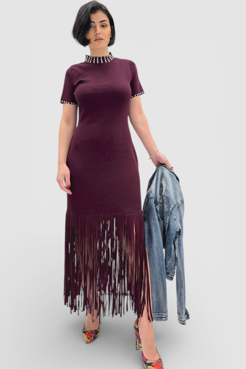 Elegantna bordo vintage boemske haljina Cornelia sa resama na rubovima i perlicama na dekolteu