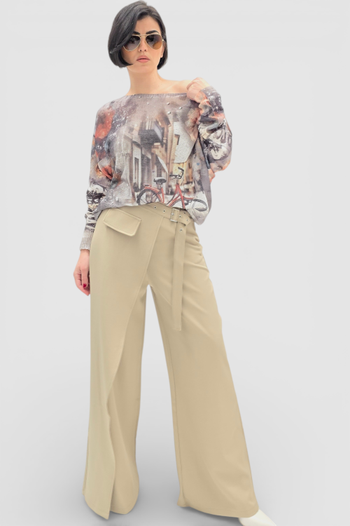 Bež široke hlače Ivanna s efektom preklopa na jednu nogavicu  i integriranim remenom