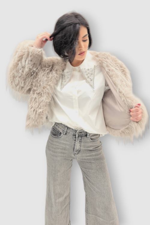 Ženska siva kratka čupava trendi jakna Edith