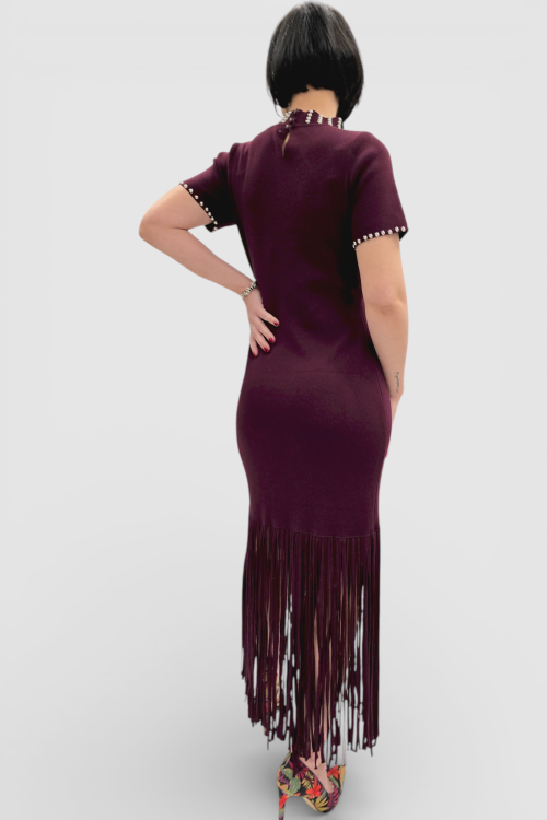 Elegantna bordo vintage boemske haljina Cornelia sa resama na rubovima i perlicama na dekolteu