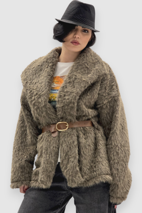 Smeđa lagana jakna Emma od umjetnog krzna sa pojasom