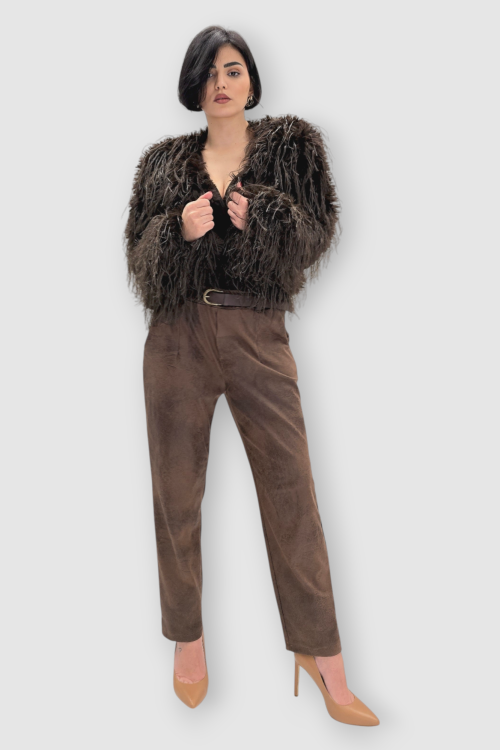 Ženska smeđa kratka čupava trendi jakna Edith