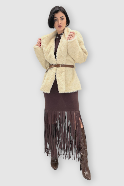 Elegantna smeđa vintage boemska haljina Cornelia sa resama na rubovima i perlicama na dekolteu