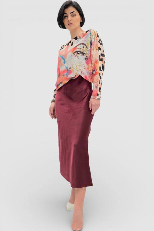 Satenska suknja Isolde u bordo boji s diskretnim sjajem