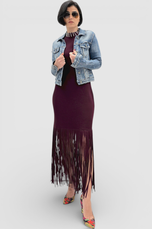 Elegantna bordo vintage boemske haljina Cornelia sa resama na rubovima i perlicama na dekolteu