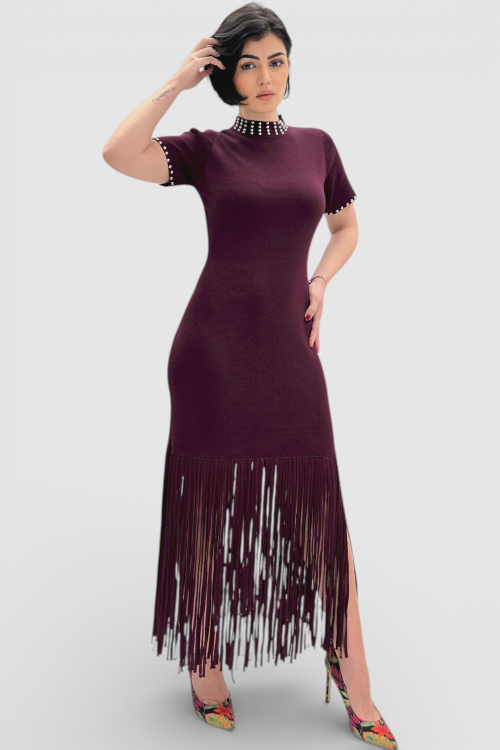 Elegantna bordo vintage boemske haljina Cornelia sa resama na rubovima i perlicama na dekolteu