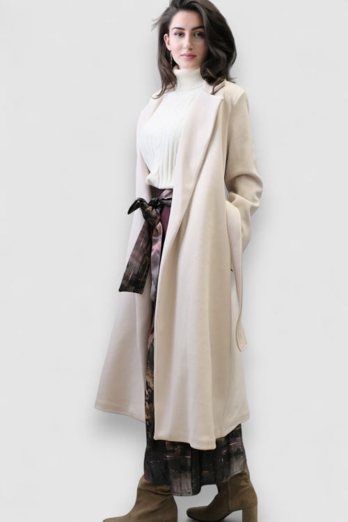 Ženski elegantni dugi bež kaput Fenton s remenom