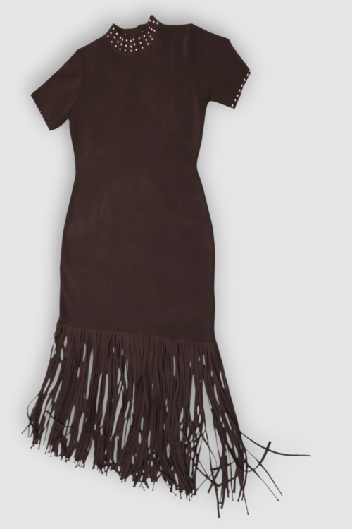 Elegantna smeđa vintage boemska haljina Cornelia sa resama na rubovima i perlicama na dekolteu