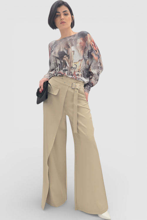 Bež široke hlače Ivanna s efektom preklopa na jednu nogavicu  i integriranim remenom