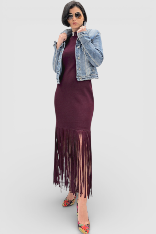 Elegantna bordo vintage boemske haljina Cornelia sa resama na rubovima i perlicama na dekolteu