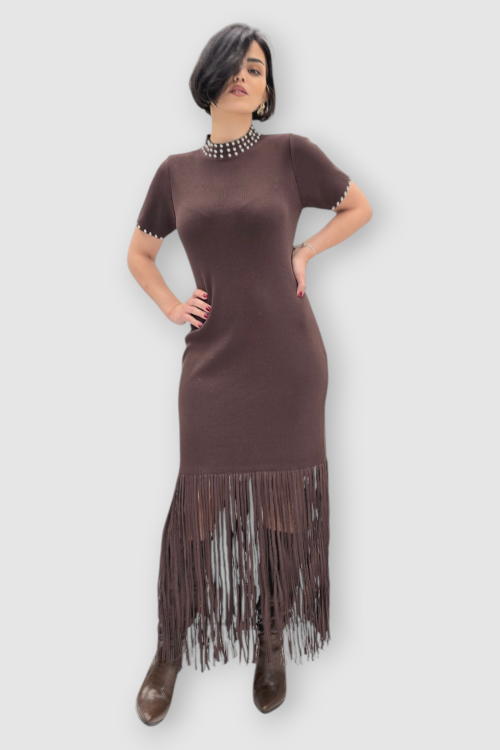 Elegantna smeđa vintage boemska haljina Cornelia sa resama na rubovima i perlicama na dekolteu