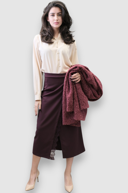 Ženska bordo suknja Izabella s prorezom i čipkom