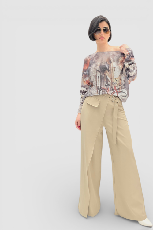 Bež široke hlače Ivanna s efektom preklopa na jednu nogavicu  i integriranim remenom