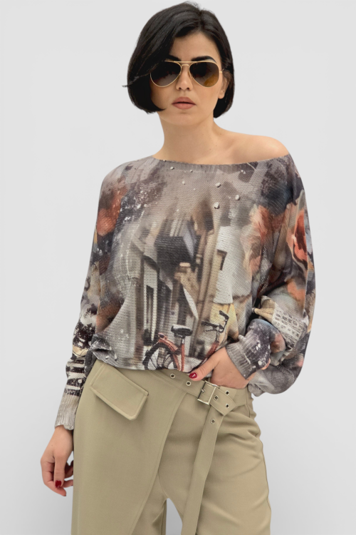 Bež široke hlače Ivanna s efektom preklopa na jednu nogavicu  i integriranim remenom