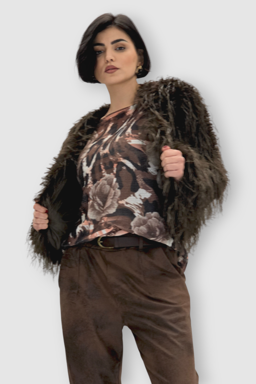 Ženska smeđa kratka čupava trendi jakna Edith